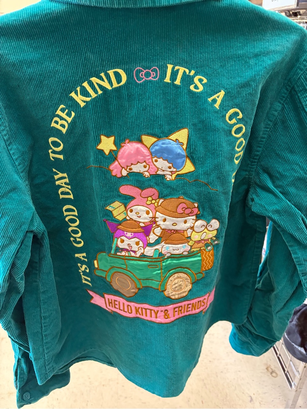 Hello Kitty Teal Corduroy Button-Down Shirt with Colorful Back Graphic - Picture 3 of 8